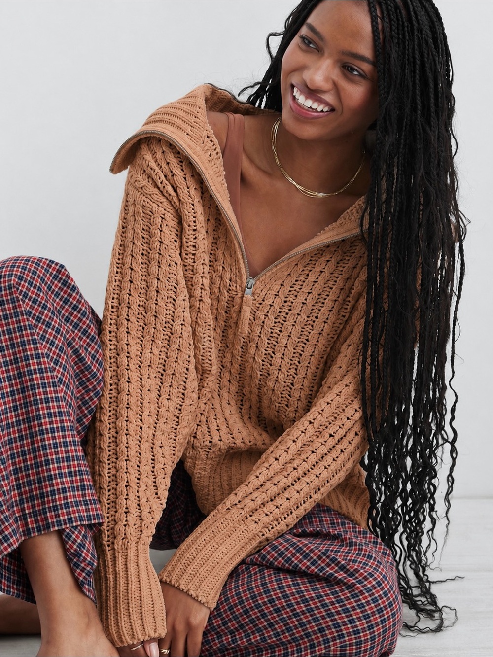 Aerie Cable Car Sweater Size M Tan Brown 1/4 Zip Oversized Cozy Soft Cable Knit